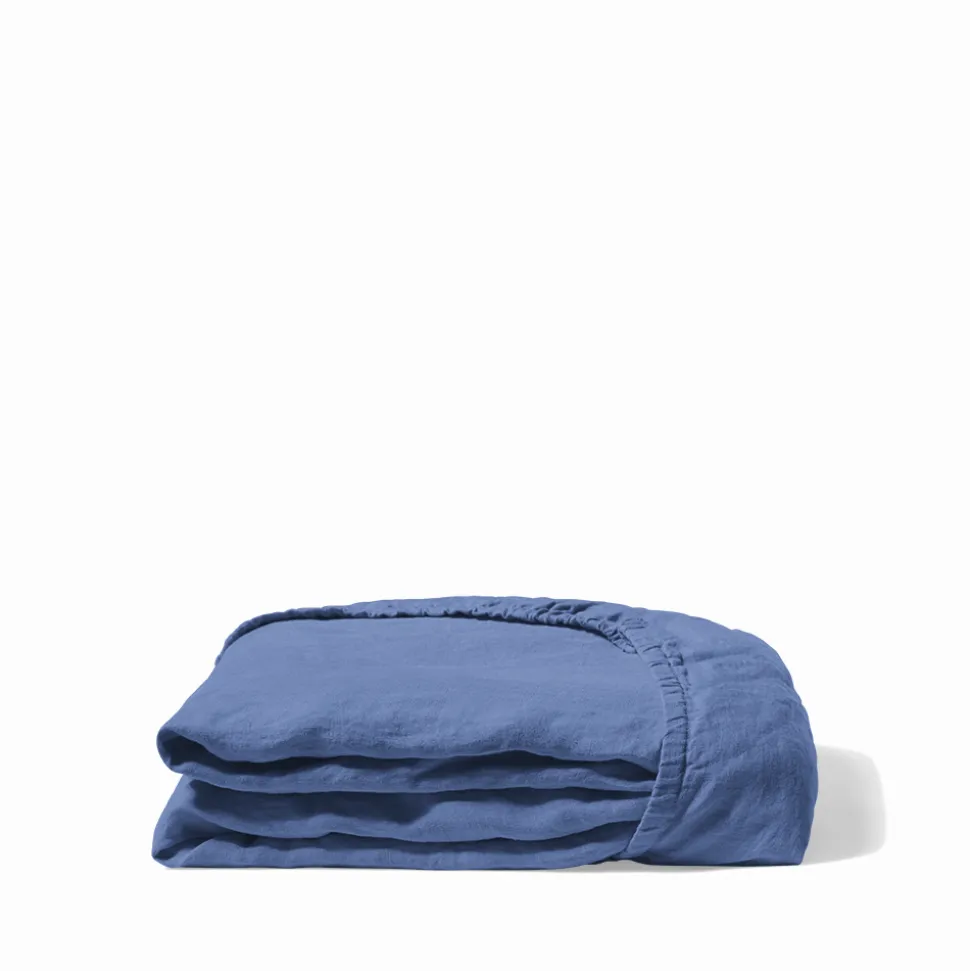 200 LINTEX Drap-housse en lin lavé - Bleu Paros< Fitted Sheets