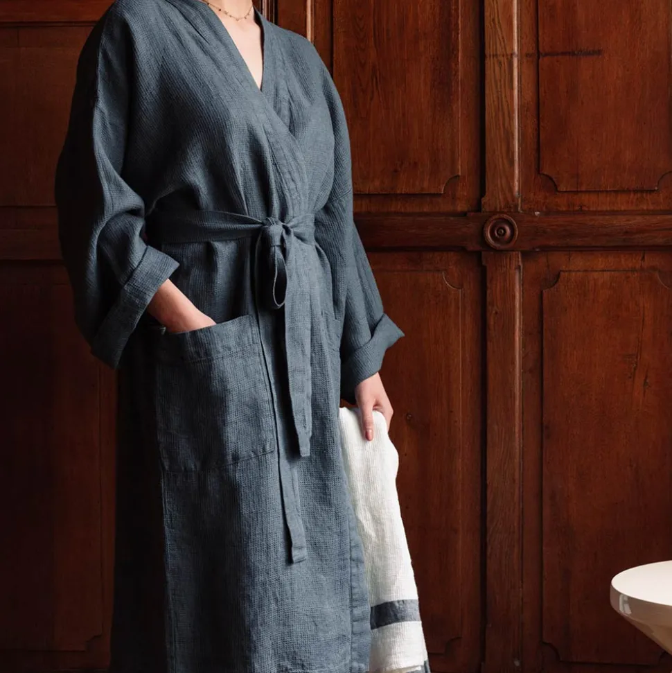 200 LINTEX Peignoir en lin - Nid d'abeille - Bleu Pétrole< Bathrobes